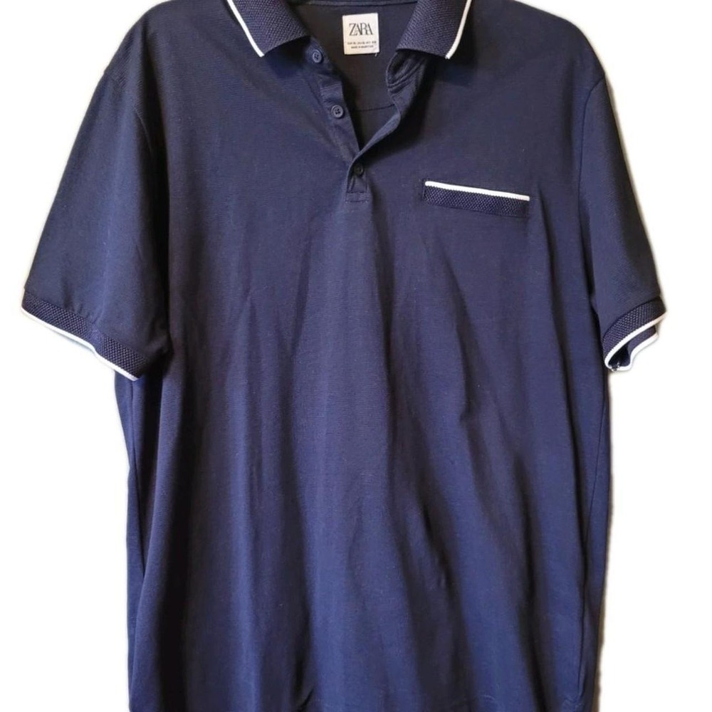 Zara Polo Shirt Navy White Contrast Trim Size XL